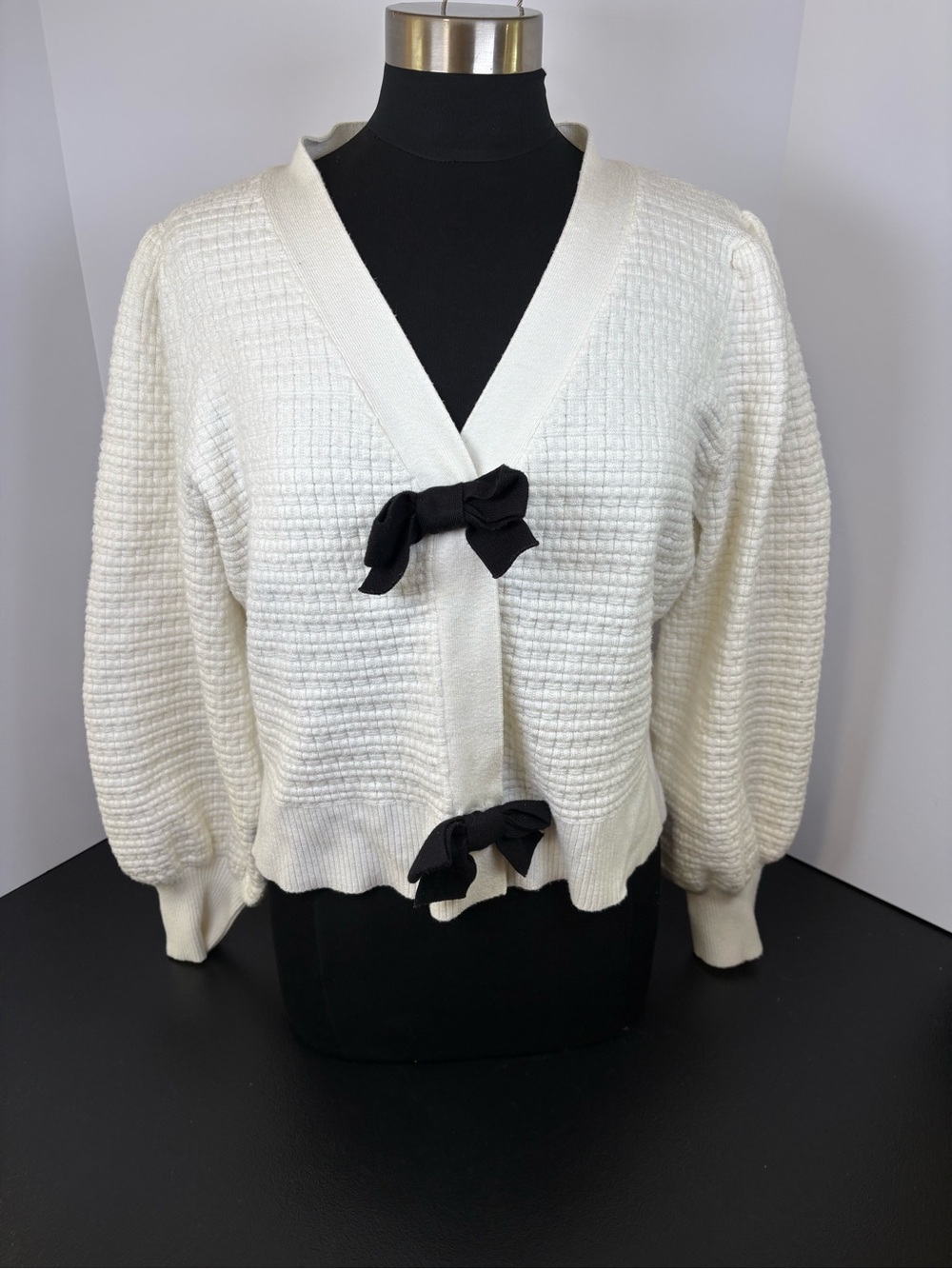 Express Cream Knit Cardigan with Black Bow Details